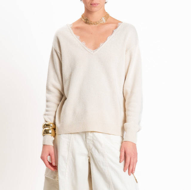 Tensione in-Maglia misto cashmere doppio scollo v - ecru'