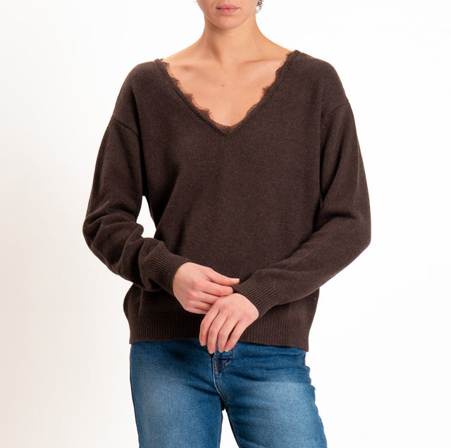 Tensione in-Maglia misto cashmere doppio scollo v - moro