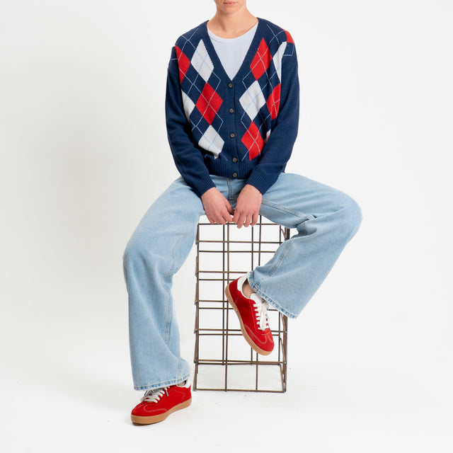 Tensione in-Cardigan argyle - blu/burro/rosso