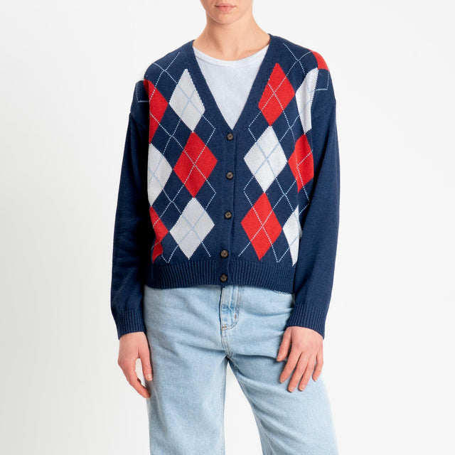 Tensione in-Cardigan argyle - blu/burro/rosso