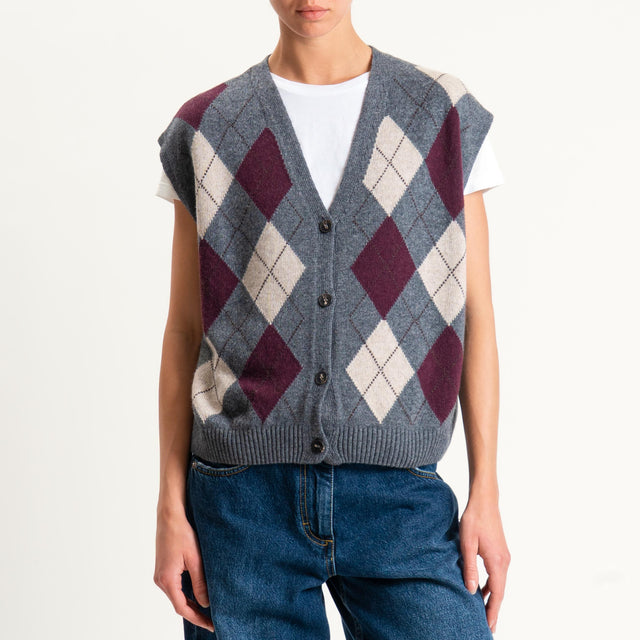 Tensione in-Gilet rombi argyle misto cashmere - antracite/vino/beige