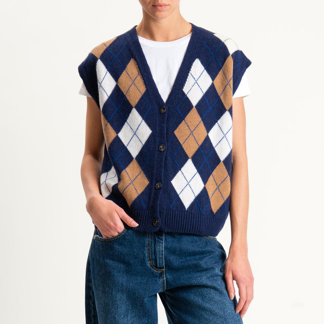 Tensione in-Gilet rombi argyle misto cashmere - blu/camel/latte