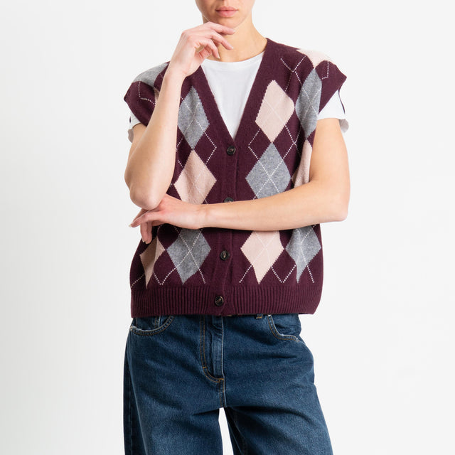 Tensione in-Gilet rombi argyle misto cashmere - bordeaux/grigio/rosa