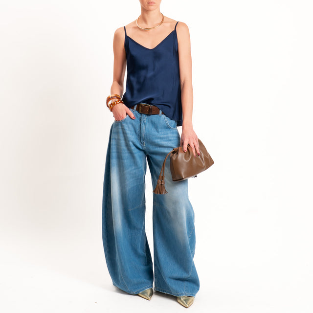 Tensione in-Top satin doppio scollo v - blu