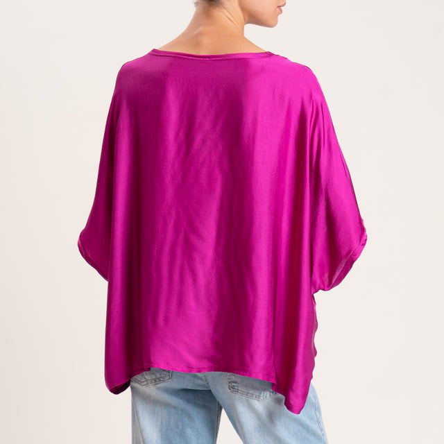 Blusa de satén con mangas caídas y tensión - magenta