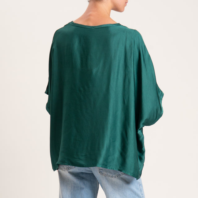 Blusa de satén con mangas caídas y tensión - VERDE
