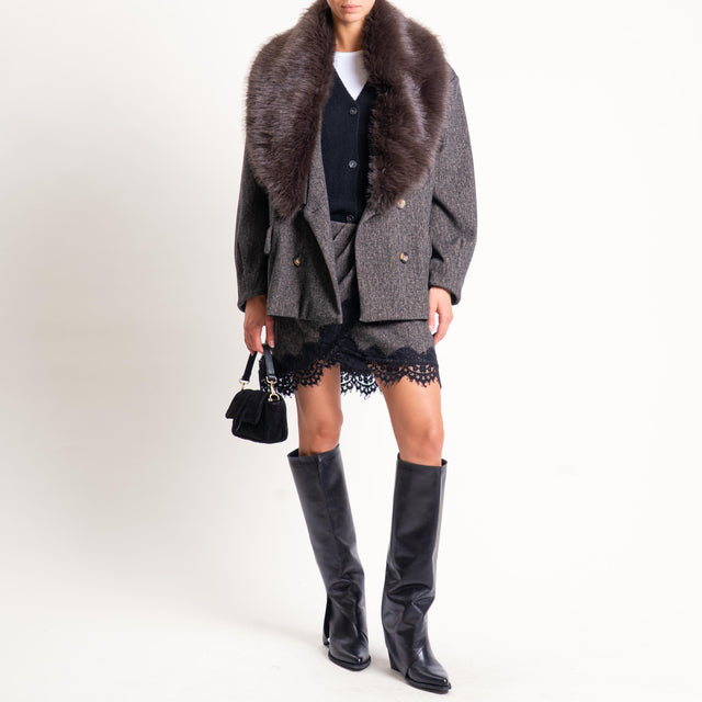 Tensione in- Minigonna tessuto spigato con pizzo - nero/beige