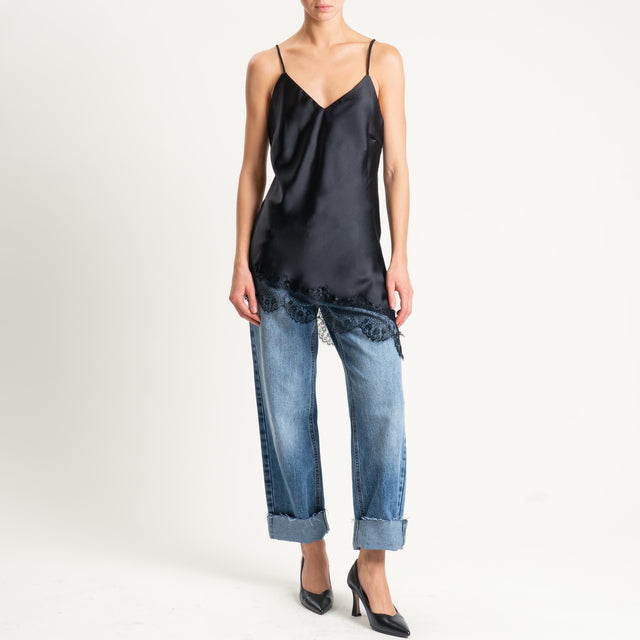 Tensione in-T-shirt + top satin con pizzo - nero/nero