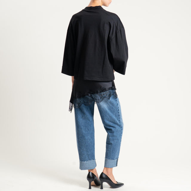 Tensione in-T-shirt + top satin con pizzo - nero/nero