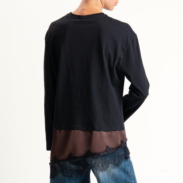 Tensione in-T-shirt doppio tessuto con pizzo - nero/cioccolato