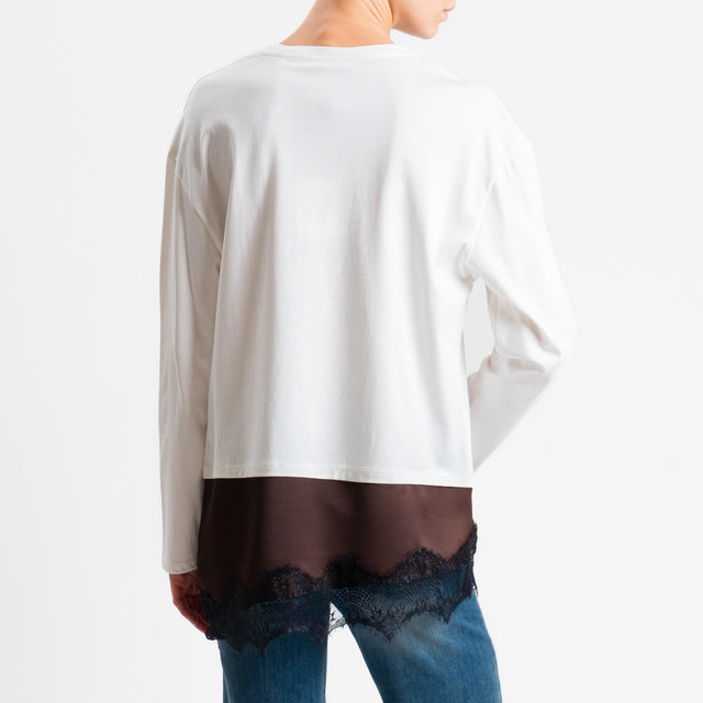 Tensione in-T-shirt doppio tessuto con pizzo - bianco/cioccolato