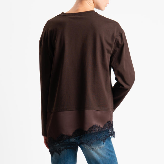 Tensione in-T-shirt doppio tessuto con pizzo - cioccolato/cioccolato