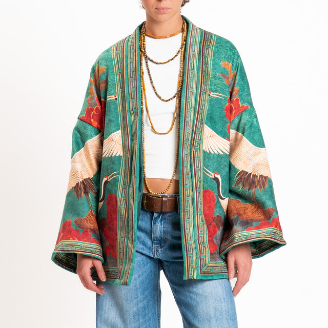 Tensione in-Kimono fantasia japan - verde bottiglia/rosso