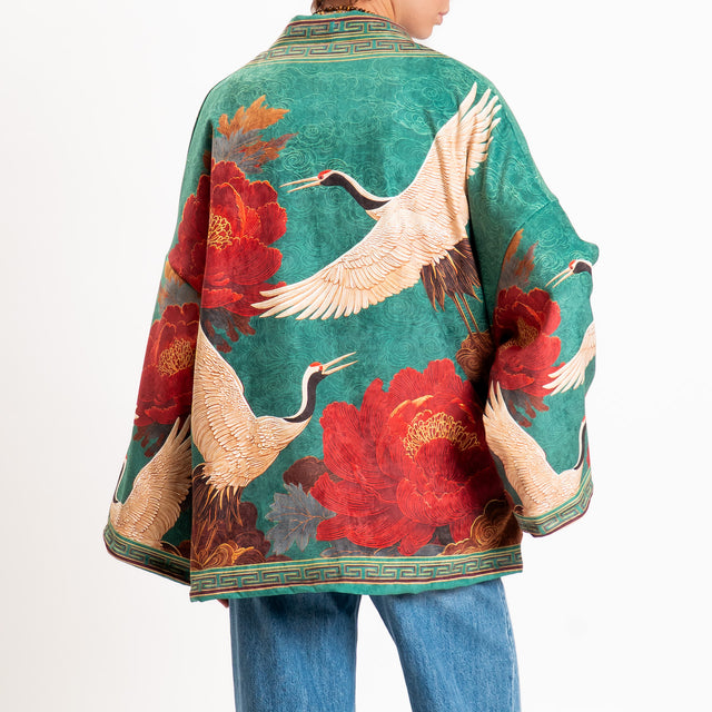 Tensione in-Kimono fantasia japan - verde bottiglia/rosso