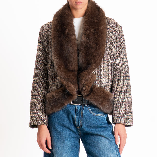 Tensione in-Giacca tweed con ecopelliccia - moro/vino/nero