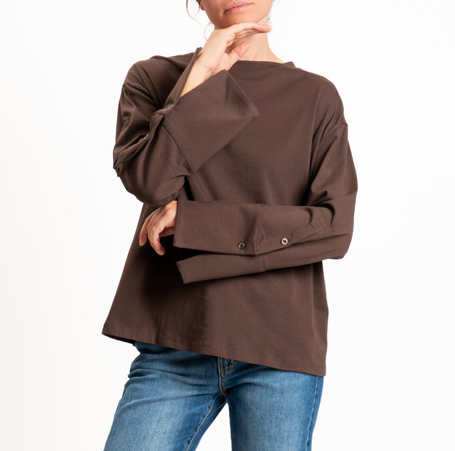 Tensione in-T-shirt manica ampia con polsini e bottoni - moro