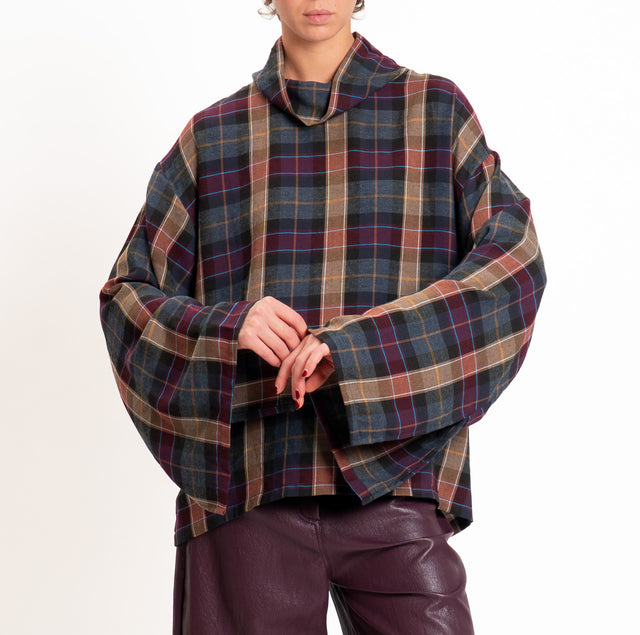 Tensione in-Blusa check collo montato - vino/piombo/cuoio