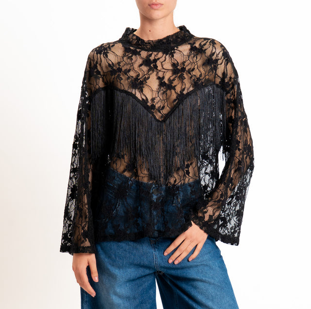 Tensione in-T-shirt in pizzo con frange - nero