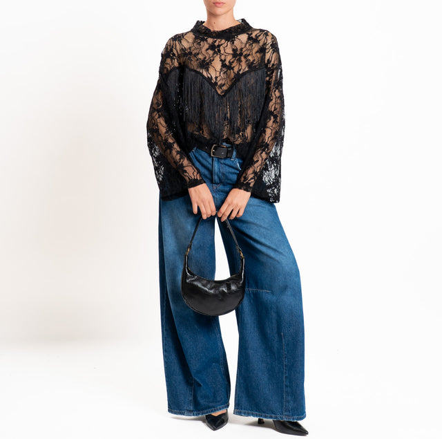 Tensione in-T-shirt in pizzo con frange - nero