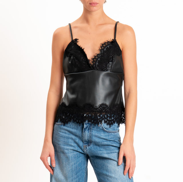 Tensione in-Top similpelle con pizzo - nero