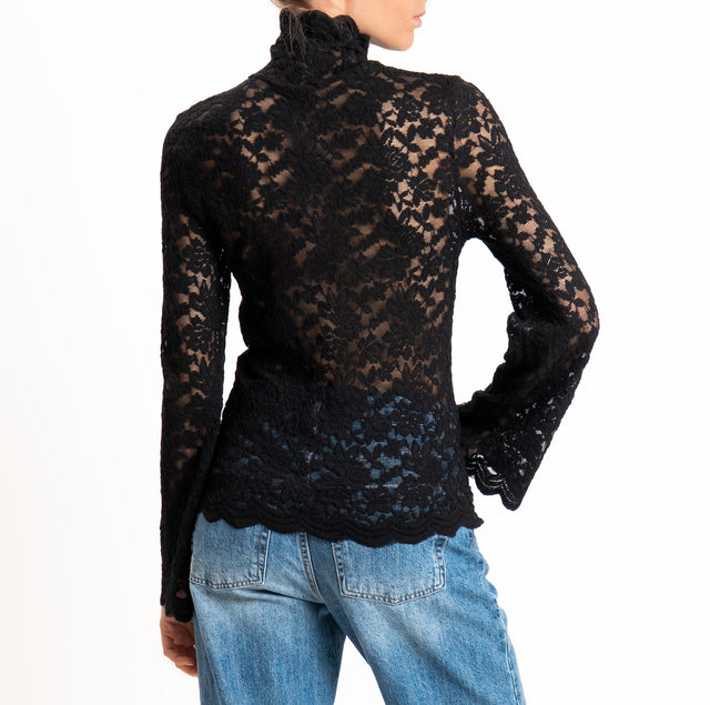Tensione in-T-shirt collo alto manica ampia in pizzo elasticizzato - nero