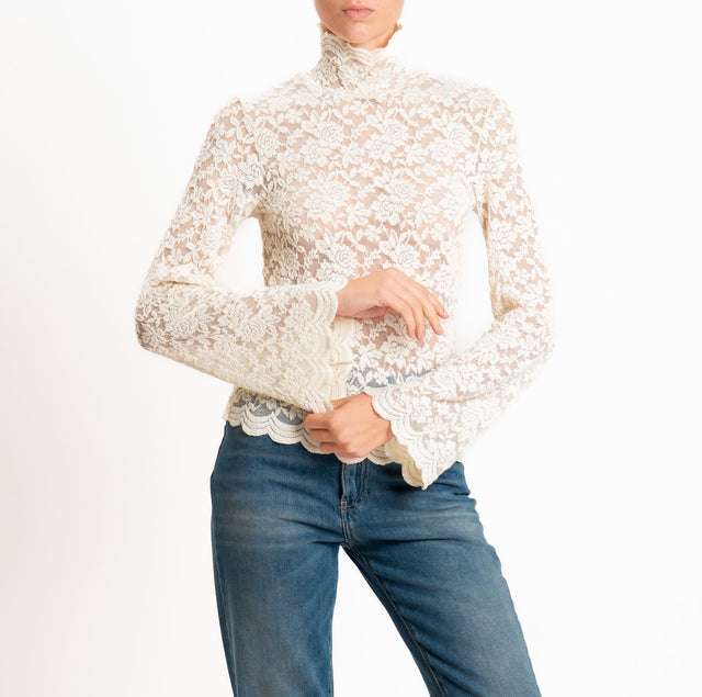 Tensione in-T-shirt collo alto manica ampia in pizzo elasticizzato - burro