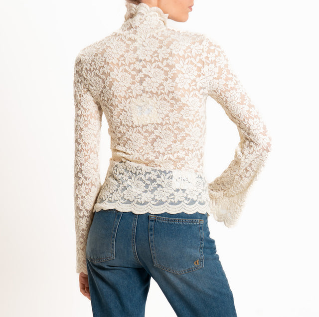 Tensione in-T-shirt collo alto manica ampia in pizzo elasticizzato - burro