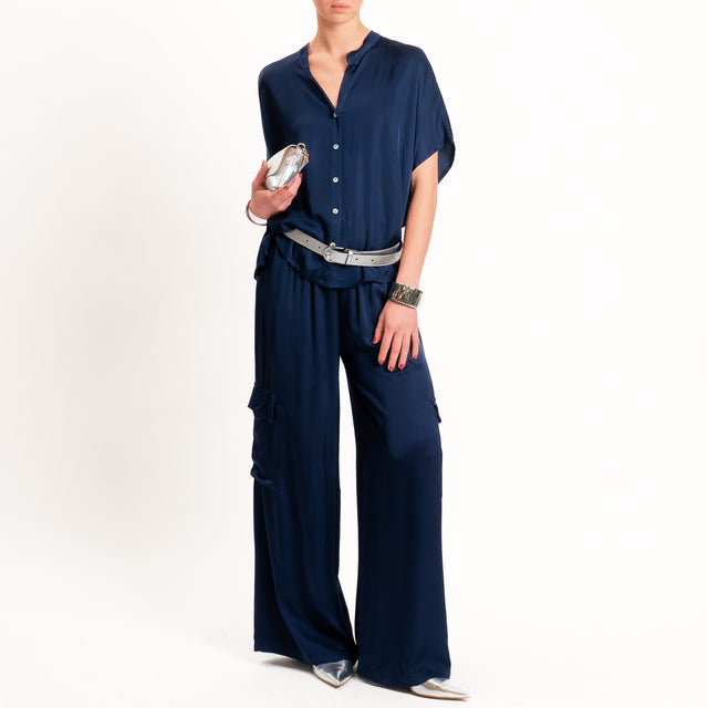 Tensione in-Pantalone cargo satin elastico in vita - blu