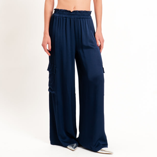 Tensione in-Pantalone cargo satin elastico in vita - blu