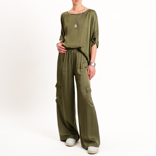 Tensione in-Pantalone cargo satin elastico in vita - militare