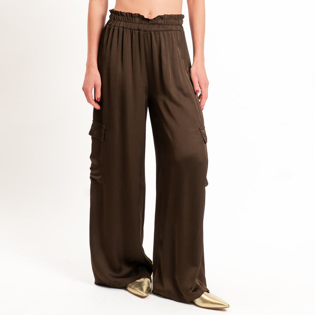 Tensione in-Pantalone cargo satin elastico in vita - caffe'