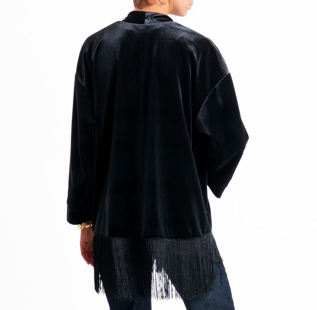Tensione in-Giacca kimono velluto ciniglia con frange - nero