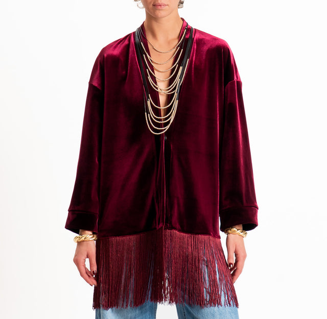 Tensione in-Giacca kimono velluto ciniglia con frange - Bordeaux