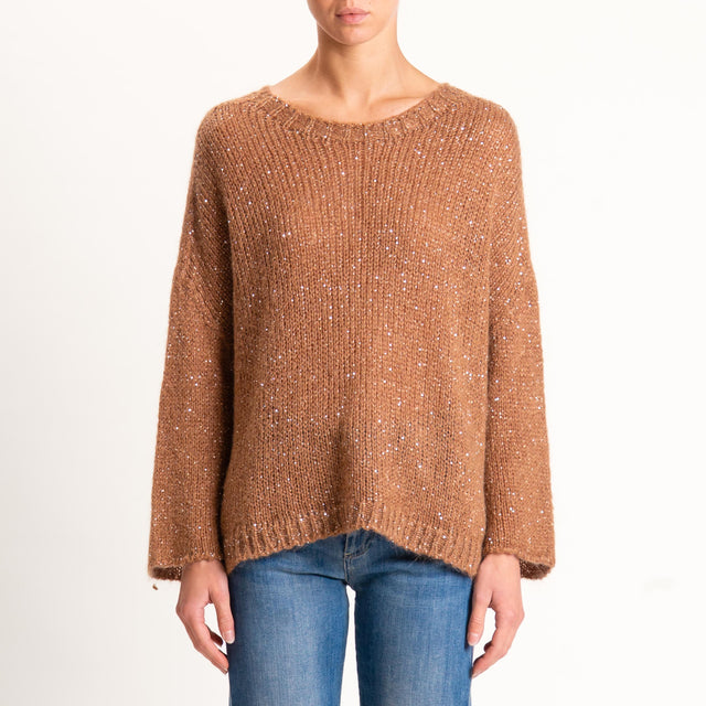Tensione in-Maglia mohair bottone dietro con paill - camel