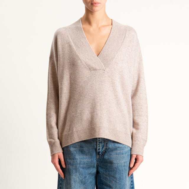Tensione in-Maglia 100% lana scollo v - beige melange