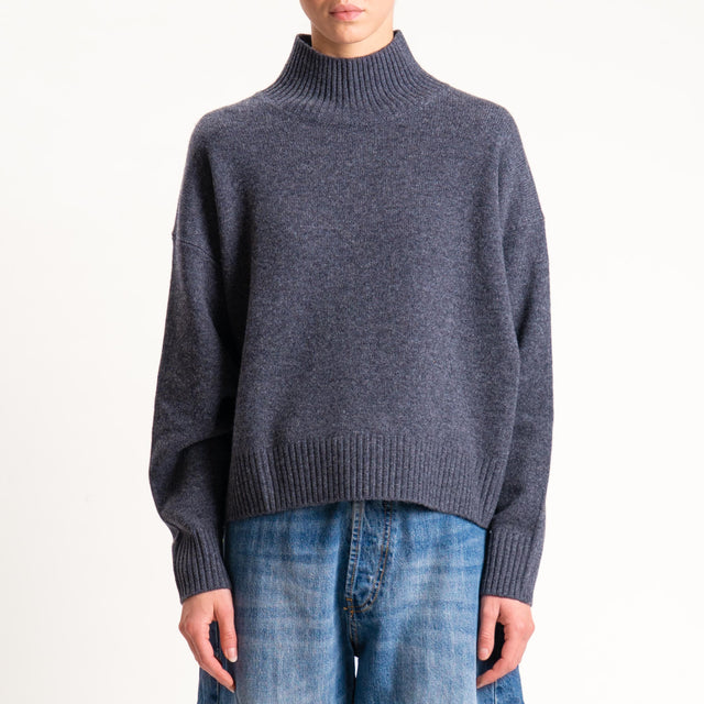 Tensione in-Maglia 100 % lana collo montato - antracite melange