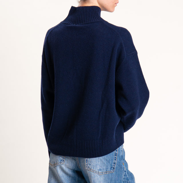 Tensione in-Maglia 100 % lana collo montato - blu