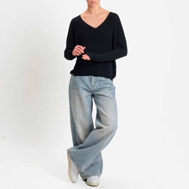 Tensione in -Maglia scatola scollo v - nero