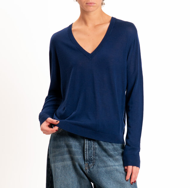 Tensione in-Maglia scollo a v 100% LANA MERINO - blu