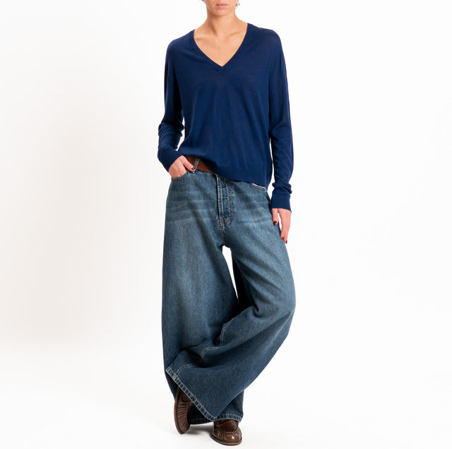 Tensione in-Maglia scollo a v 100% LANA MERINO - blu