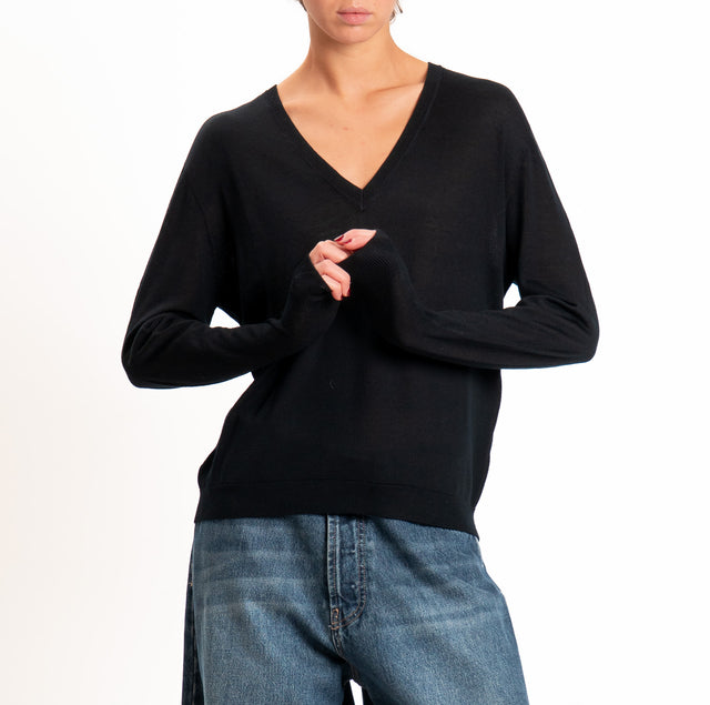 Tensione in-Maglia scollo a v 100% LANA MERINO - nero