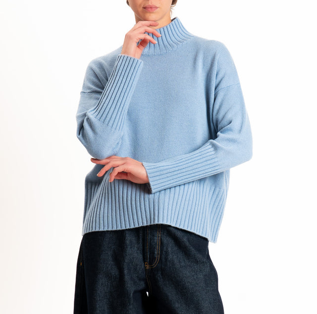 Tensione in-Maglia collo cratere 100% LANA SOFT - celeste