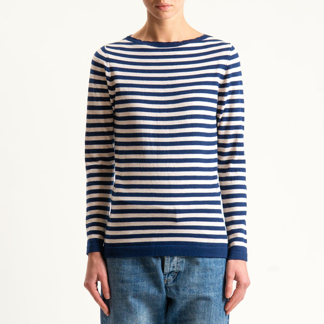 Tensione in- Maglia girocollo a righe in viscosa - blu/sabbia