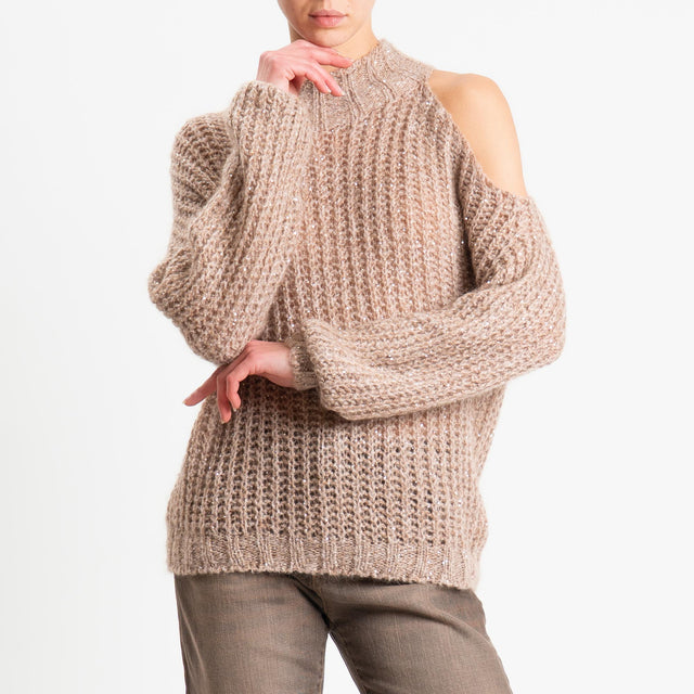 Tensione in-Maglia coste inglese cut out mohair con micro paillettes - beige
