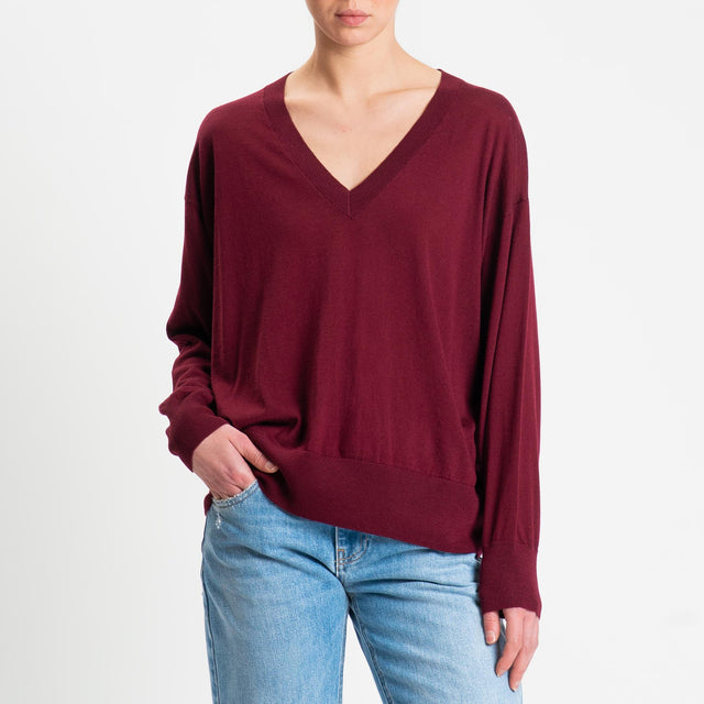 Tensione in-Maglia scollo v 100% LANA MERINO - Bordeaux