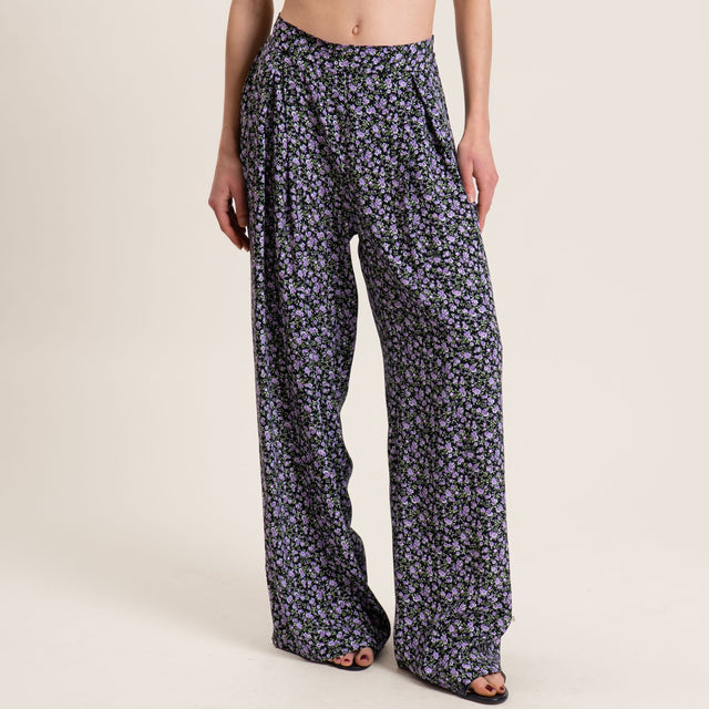 Tensione in-Pantalone fantasia provenzale elastico dietro - nero/lilla/verde
