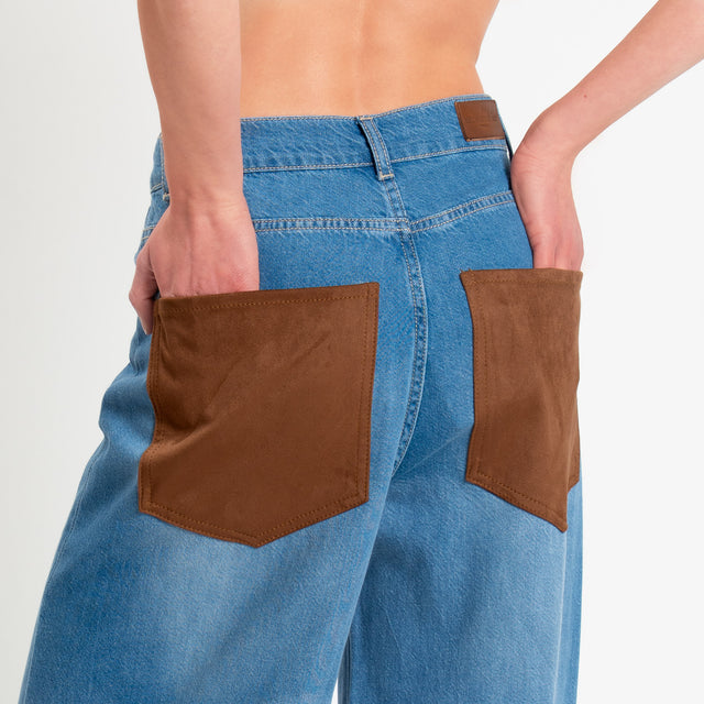 Tensione in-Jeans wide leg tasche effetto suede - denim/cognac