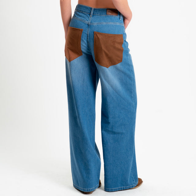 Tensione in-Jeans wide leg tasche effetto suede - denim/cognac