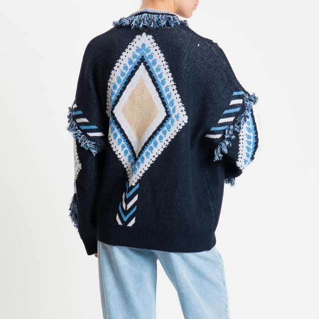 Tensione in-Cardigan rombi con frange - azzurro/blu/beige