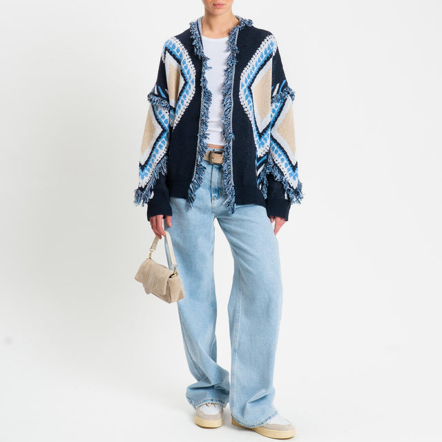 Tensione in-Cardigan rombi con frange - azzurro/blu/beige